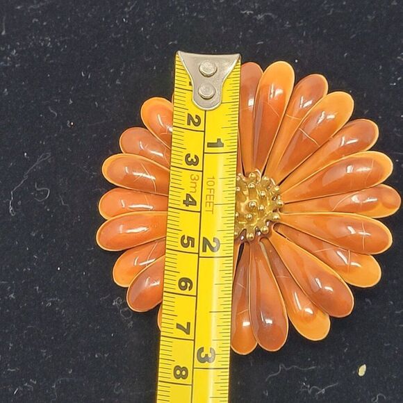 Vintage 60s Brown Orange Enamel Flower Brooch Pin Mid-Century Mod Sunflower Lg - Picture 3 of 6